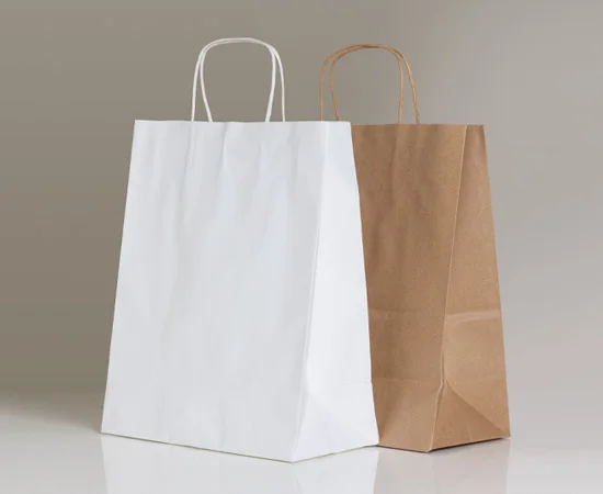 Shopper in carta bianca e kraft con manici in carta ritorta