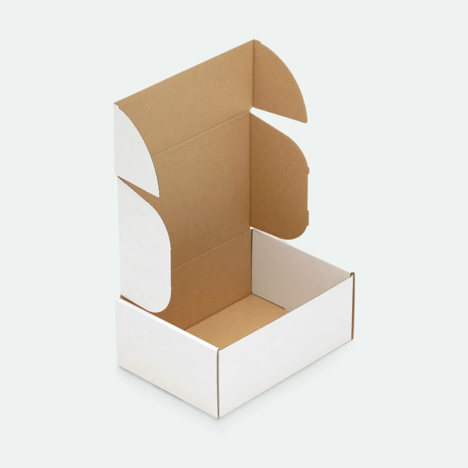 Unprinted white corrugated mailer box with its lid open, kraft inside